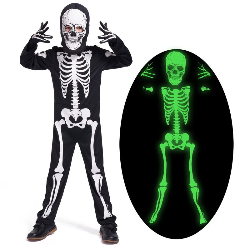 Leadtex Kids GID Skeleton Halloween Costume, All in One Skeleton Printed Jumpsuit with Hood and Glovesï¼ˆ7-9years - Image 1